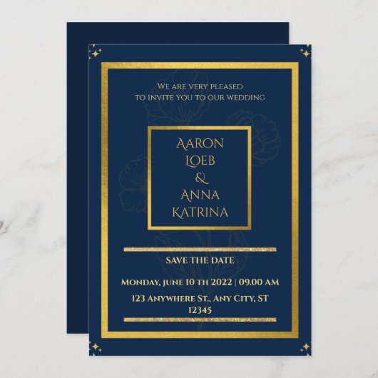 Elegant Navy and Gold Decorated Kaart (Voorkant / Achterkant)