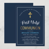Elegant Navy and Gold First Heilige Communie Kaart (Voorkant / Achterkant)