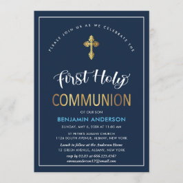 Elegant Navy and Gold First Heilige Communie Kaart
