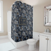 Elegant Navy and Gold Floral Bathroom Decor Douchegordijn (In situ)