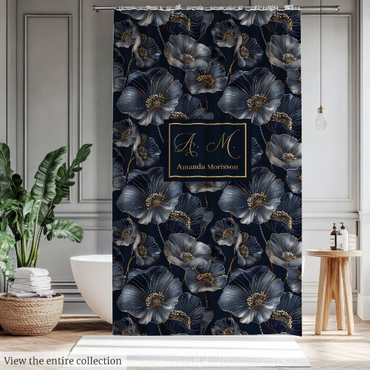 Elegant Navy and Gold Floral Bathroom Decor Douchegordijn