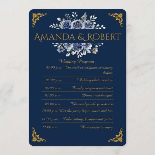 Elegant Navy and Gold Floral Wedding Program Card Programmakaart (Voorkant)