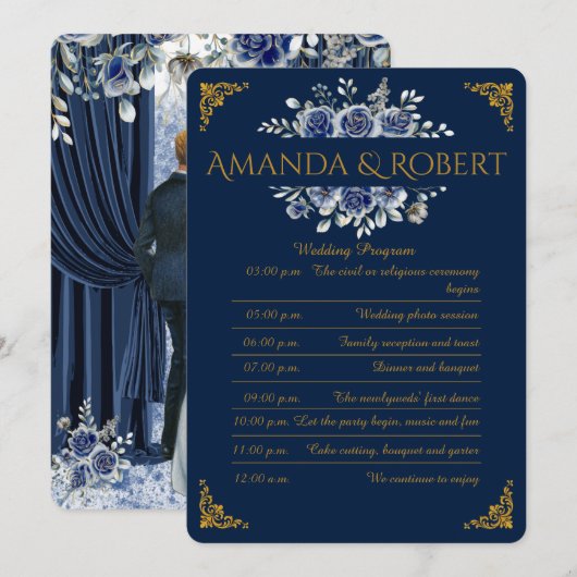 Elegant Navy and Gold Floral Wedding Program Card Programmakaart (Voorkant / Achterkant)