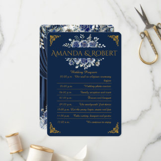 Elegant Navy and Gold Floral Wedding Program Card Programmakaart