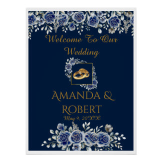 Elegant Navy and Gold Floral Wedding Welcome Sign Perfect Poster