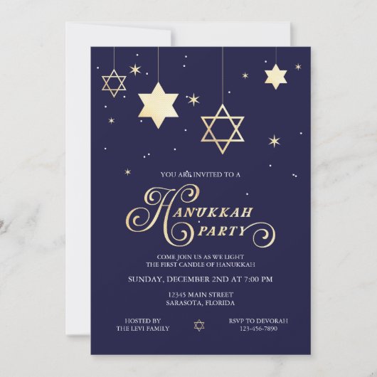Elegant Navy and gold Hanukkah Party Kaart (Voorkant)