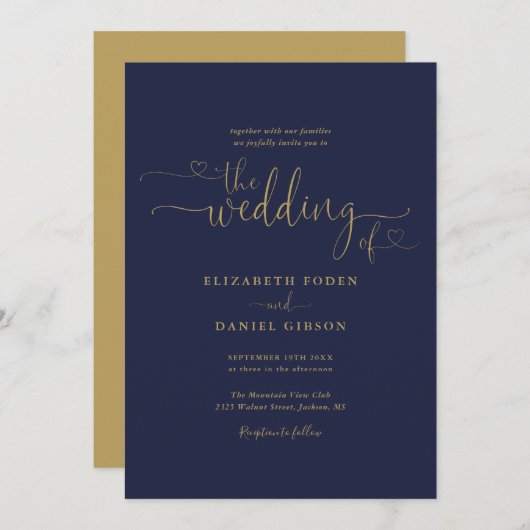 Elegant Navy and Gold Hearts Calligraphy Wedding Kaart (Voorkant / Achterkant)
