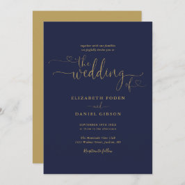 Elegant Navy and Gold Hearts Calligraphy Wedding Kaart