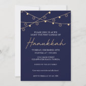 Elegant Navy and Gold Light Strings Hanukkah Party Kaart (Voorkant)