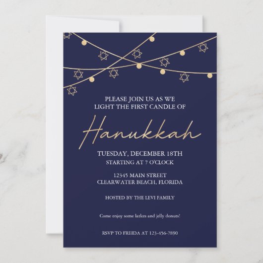 Elegant Navy and Gold Light Strings Hanukkah Party Kaart (Voorkant)