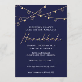 Elegant Navy and Gold Light Strings Hanukkah Party Kaart