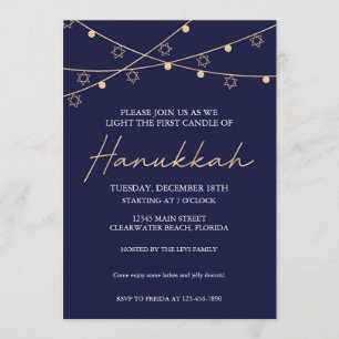 Elegant Navy and Gold Light Strings Hanukkah Party Kaart