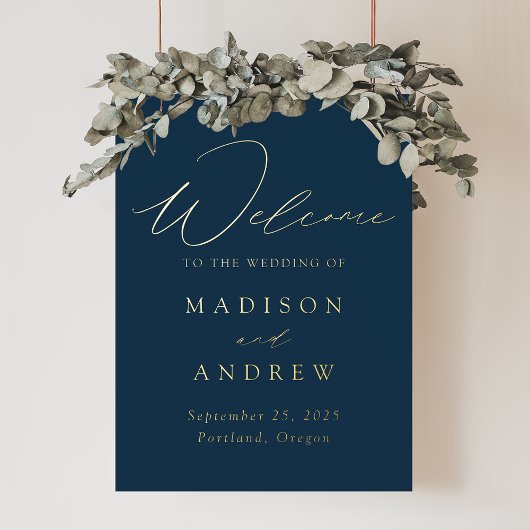 Elegant Navy and Gold Script Wedding Welcome Folie Afdrukken