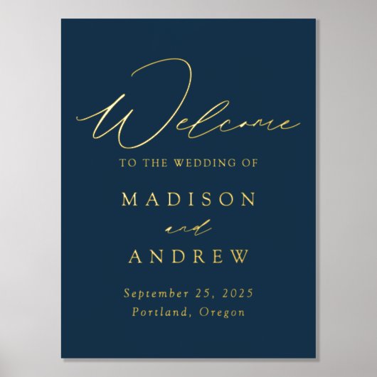 Elegant Navy and Gold Script Wedding Welcome Folie Afdrukken (Voorkant)