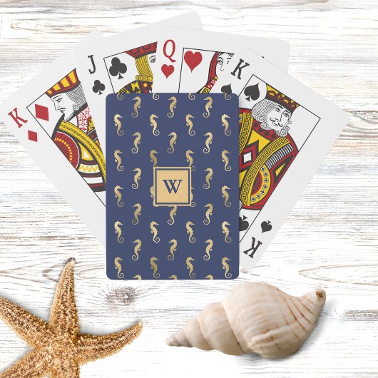 Elegant Navy and Gold Seahorses with Initial Pokerkaarten