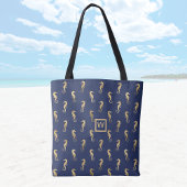 Elegant Navy and Gold Seapaarden met Initiaal Tote Bag