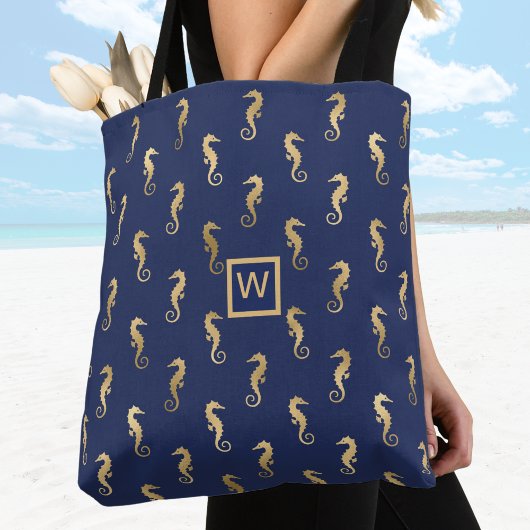 Elegant Navy and Gold Seapaarden met Initiaal Tote Bag