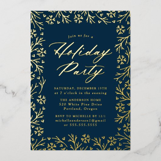Elegant Navy and Gold Snowflake Holiday Party Folie Uitnodiging (Voorkant)