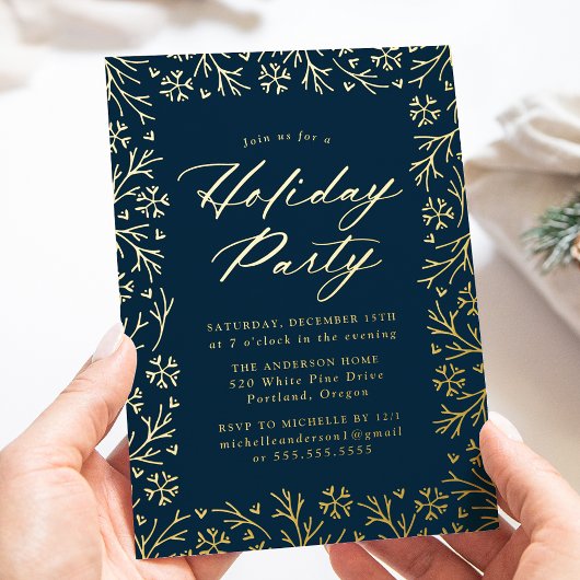 Elegant Navy and Gold Snowflake Holiday Party Folie Uitnodiging