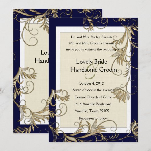 Elegant Navy and Gold Wedding Invitations Kaart (Voorkant / Achterkant)