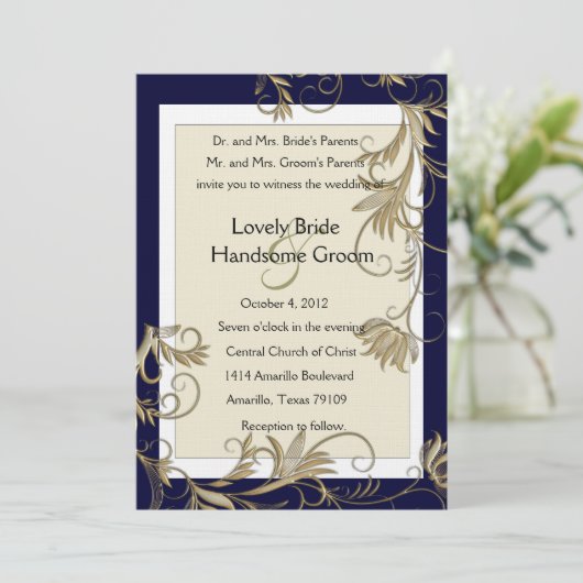 Elegant Navy and Gold Wedding Invitations Kaart (Staand voorkant)
