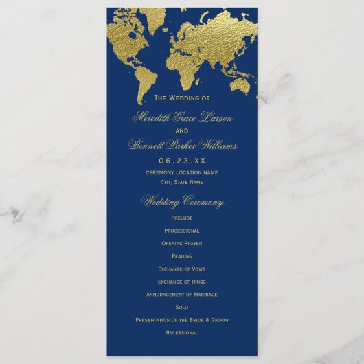 Elegant Navy and Gold Wereldkaart Wedding Ceremoni Programmakaart (Voorkant)