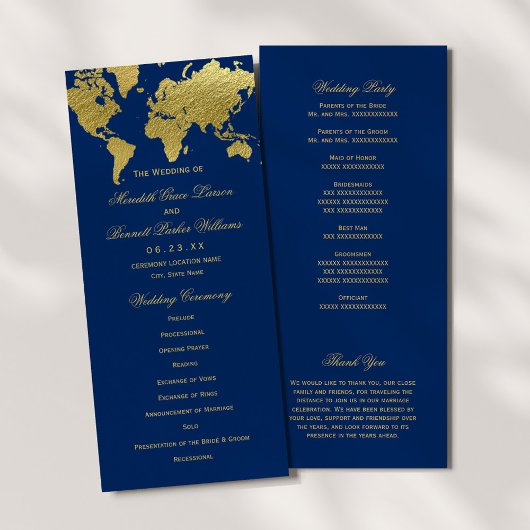Elegant Navy and Gold Wereldkaart Wedding Ceremoni Programmakaart
