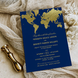 Elegant Navy and Gold Wereldkaart Wedding Kaart
