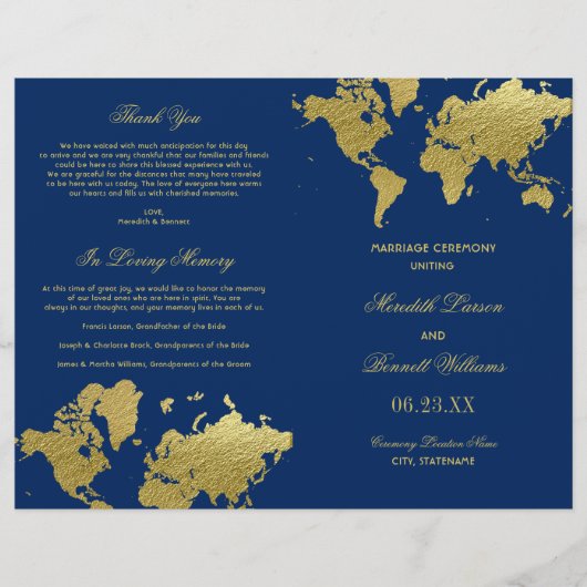 Elegant Navy and Gold Wereldkaart Wedding Programs (Voorkant)