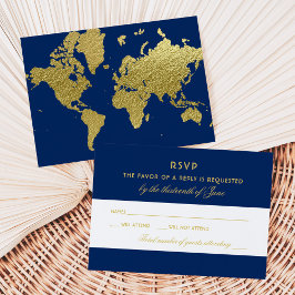 Elegant Navy and Gold Wereldkaart Wedding RSVP Kaartje