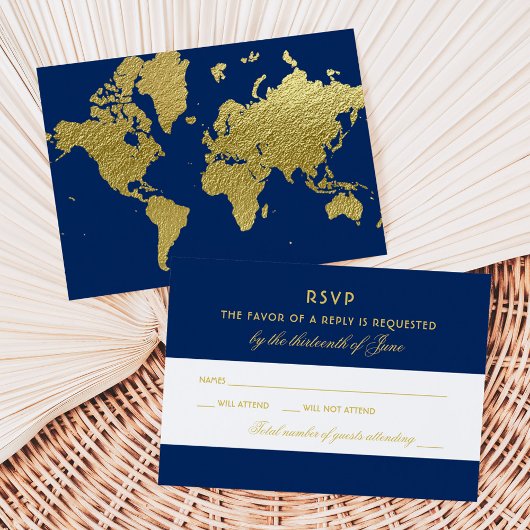 Elegant Navy and Gold Wereldkaart Wedding RSVP Kaartje