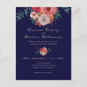 Elegant navy and red rose waterverf bruiloft briefkaart