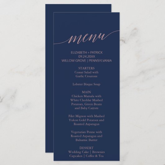 Elegant Navy and Roos Calligraphy Dinner Menu Kaar (Voorkant / Achterkant)