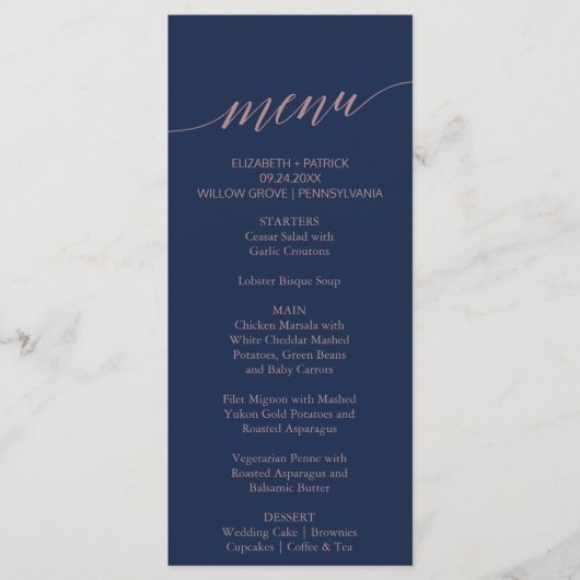 Elegant Navy and Roos Calligraphy Dinner Menu Kaar (Voorkant)