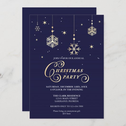 Elegant Navy and Sparkly Gold-kerstparty Kaart (Voorkant / Achterkant)