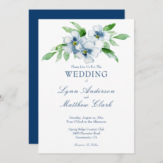 Elegant Navy and White Floral Wedding Kaart (Voorkant / Achterkant)