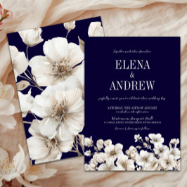 Elegant Navy and White Floral Wedding Kaart