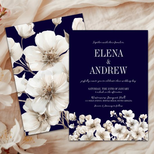 Elegant Navy and White Floral Wedding Kaart