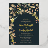 Elegant Navy Beige Wildflower Botanical Wedding Folie Uitnodiging (Voorkant)