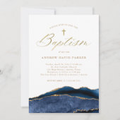 Elegant Navy Blau Agate met Gouden Kruis | Doop Kaart (Voorkant)