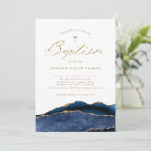 Elegant Navy Blau Agate met Gouden Kruis | Doop Kaart (Staand voorkant)