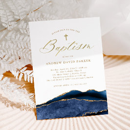 Elegant Navy Blau Agate met Gouden Kruis | Doop Kaart