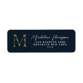 Elegant Navy Blau Metallic Gouden Monogram Adres Etiket (Voorkant)