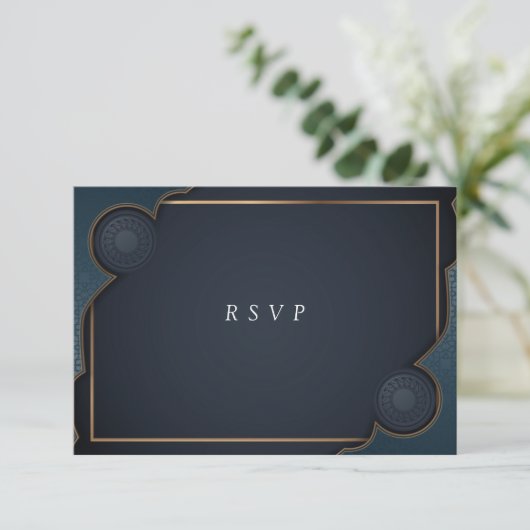 Elegant Navy Blau Turquoise en Goud Modern  RSVP Kaartje (Staand voorkant)