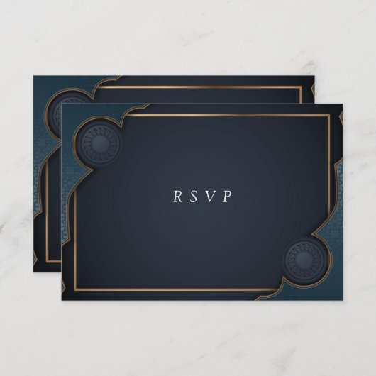 Elegant Navy Blau Turquoise en Goud Modern RSVP Kaartje (Voorkant / Achterkant)