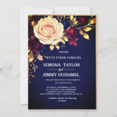 Elegant Navy Blauw Bloemen Goud Blush Roze Bruilof Kaart (Voorkant)
