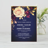 Elegant Navy Blauw Bloemen Goud Blush Roze Bruilof Kaart (Staand voorkant)