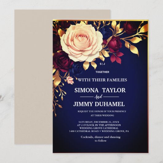Elegant Navy Blauw Bloemen Goud Blush Roze Bruilof Kaart (Voorkant / Achterkant)
