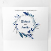 Elegant Navy Blauw Bloemen Krans Foto Bruiloft Drieluik Uitnodiging (Binnenzijde eerst)