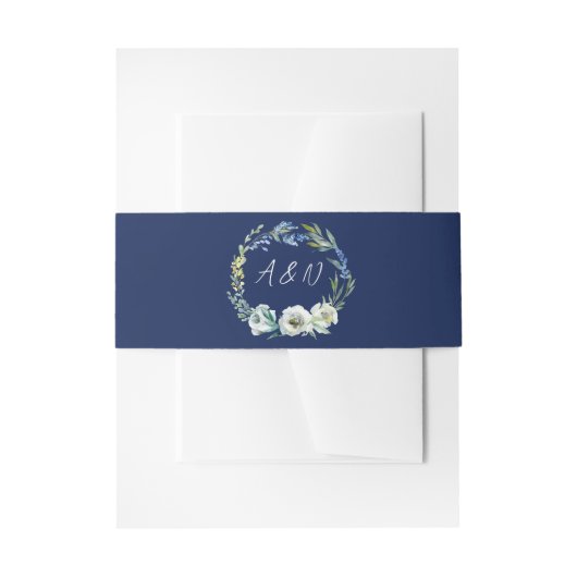 Elegant Navy Blauw Bloemen Krans Monogram Bruiloft Uitnodigingen Wikkel (Voorkant Voorbeeld)